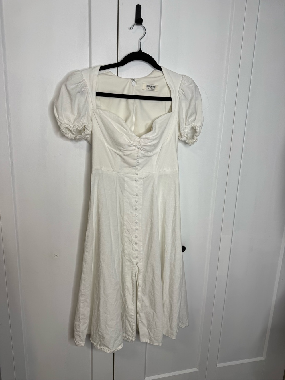 House of CB - Medium - White Puff-Sleeve Button-Front Midi Dress
